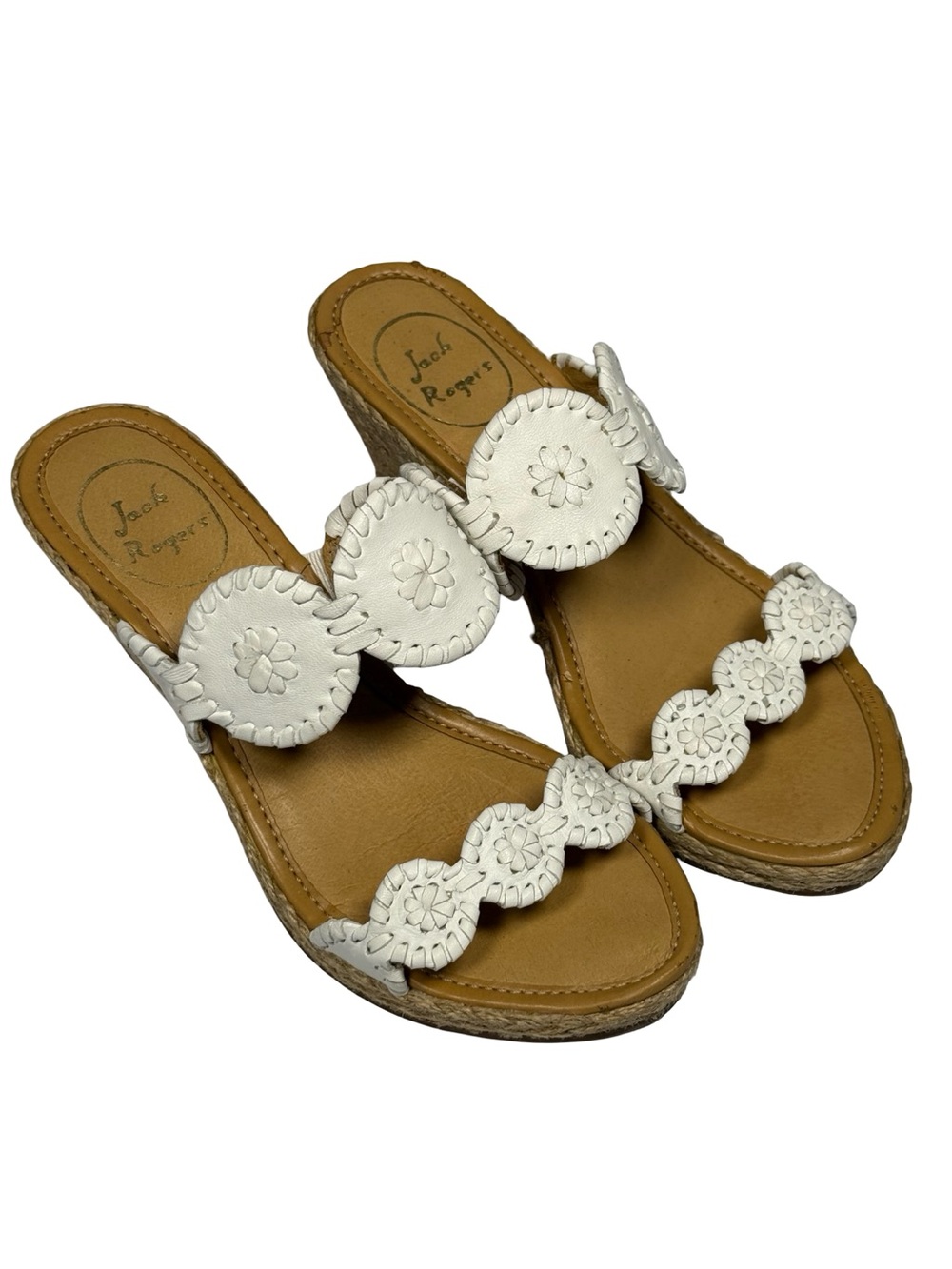 Jack Rogers Womens 7M White Leather Floral Espadrille Wedge coastal Resort